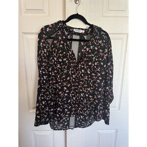 Express Original Fit Portofino Floral Sheer Open Back Mesh Blouse Black Top M